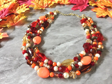 Fall Statement Necklace, Maroon Orange Mustard Gold Necklace, Triple Strand Statement Necklace, fall colors vintage chunky necklace