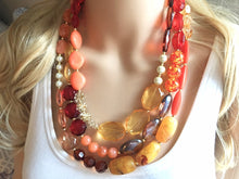 Load image into Gallery viewer, Fall Statement Necklace, Maroon Orange Mustard Gold Necklace, Triple Strand Statement Necklace, fall colors vintage chunky necklace