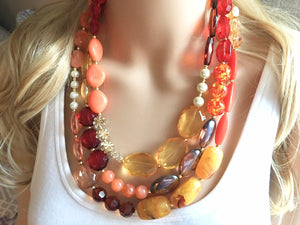 Fall Statement Necklace, Maroon Orange Mustard Gold Necklace, Triple Strand Statement Necklace, fall colors vintage chunky necklace