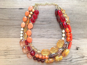 Fall Statement Necklace, Maroon Orange Mustard Gold Necklace, Triple Strand Statement Necklace, fall colors vintage chunky necklace