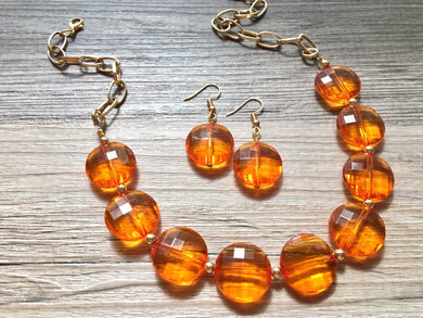Fall wedding Orange Statement Necklace & Earrings, orange jewelry, Your Choice GOLD or SILVER, orange bib chunky necklace, orange circle