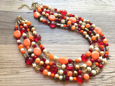 Fall Statement Necklace, extra long Maroon Orange cream Gold Necklace, Triple Strand Statement Necklace, fall colors vintage chunky