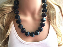 Load image into Gallery viewer, Black Swirly Chunky Statement Necklace, Big beaded jewelry, single Strand Statement Necklace, Bib necklace, black bridesmaid wedding silver