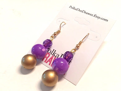 Purple Gold statement earrings, Triple bead Statement earrings , fall colors jewelry, gold necklace chunky drop hook earrings