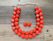 Load image into Gallery viewer, Bright Chunky Orange Statement Necklace, Big beaded jewelry, Double Strand Statement Necklace, Bib necklace orange bridesmaid wedding silver