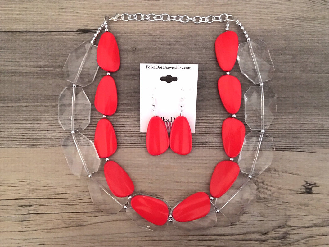 Clear & Red Necklace, multi strand jewelry, big beaded chunky statement necklace, red jewelry, bridesmaid necklace, bib necklace, resin bead