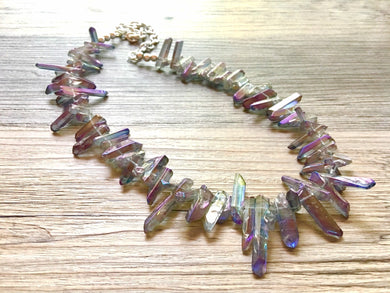 Purple Rainbow Glass Stone Necklace, single strand jewelry, big beaded chunky statement necklace, spiky stone jewelry lavender pride