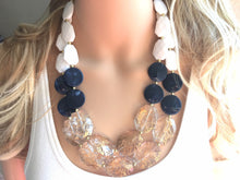 Load image into Gallery viewer, Nautical Chunky Statement Necklace, Big beaded jewelry, Double Strand Statement Necklace, navy blue an white, gold navy necklace, white gold