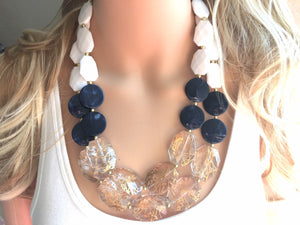 Nautical Chunky Statement Necklace, Big beaded jewelry, Double Strand Statement Necklace, navy blue an white, gold navy necklace, white gold