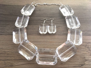 Brand new large silver tone statement necklace with large clear crystal