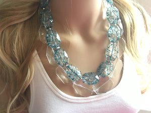 Clear & Teal Necklace, multi strand jewelry, big beaded chunky statement necklace, blue necklace, bridesmaid necklace, bib necklace resin