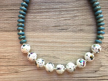 Load image into Gallery viewer, Turquoise Stone Beaded statement necklace, painted bead jewelry, turquoise teal geometric white black round