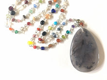 Load image into Gallery viewer, Gray Pendant Necklace in Rainbow glass beaded chain, Long acrylic teardrop jewelry, ash gray necklace, gray jewelry pride colorful