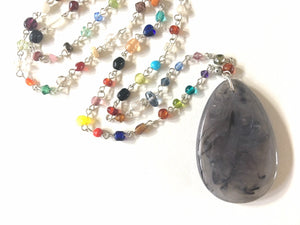 Gray Pendant Necklace in Rainbow glass beaded chain, Long acrylic teardrop jewelry, ash gray necklace, gray jewelry pride colorful