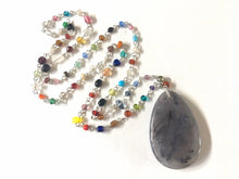 Load image into Gallery viewer, Gray Pendant Necklace in Rainbow glass beaded chain, Long acrylic teardrop jewelry, ash gray necklace, gray jewelry pride colorful