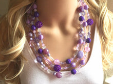 Load image into Gallery viewer, Purple Chunky Statement Necklace, Triple Strand Beaded Jewelry, lilac lavendar eggplant jewelry bridesmaid wedding wedding periwinkle