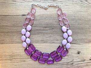 Purple Chunky Statement Necklace, Double Strand Beaded Jewelry, lilac lavendar eggplant jewelry bridesmaid bib wedding periwinkle