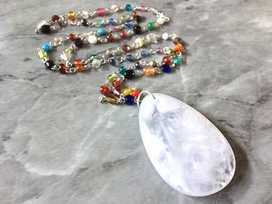 White Pendant Necklace in Rainbow glass beaded chain, Long acrylic teardrop jewelry, ash white necklace, white jewelry pride colorful