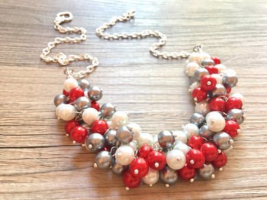 Football Basketball Red, White, Gray Pearl Cluster Necklace, Ohio Chicago Miami Alabama Tampa Bay Arizona Arkansas Atlanta Jewelry, state