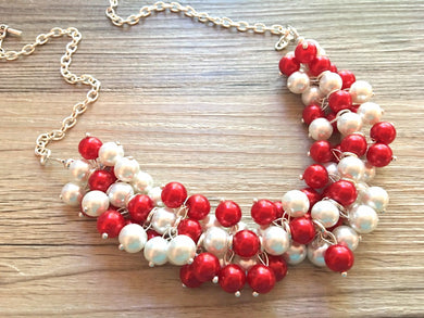 Red and White Pearl Cluster Fan Necklace - Arkansas Wisconsin Stanford Utah, red white football game jewelry
