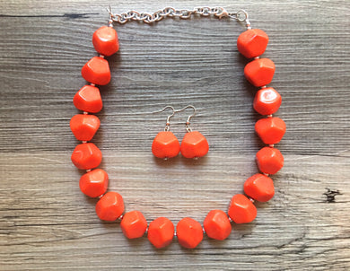 Bright Orange Chunky Statement Necklace, Big beaded jewelry, Single Strand Statement Necklace, Bib necklace, orange bridesmaid wedding silve