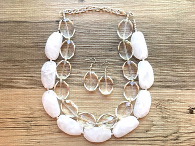 Clear & White Necklace, multi strand jewelry, big beaded chunky statement necklace, clear necklace, bridesmaid necklace, bib necklace