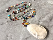 Load image into Gallery viewer, Cream Pendant Necklace in Rainbow glass beaded chain, Long acrylic teardrop jewelry, ash white necklace, white jewelry pride colorful