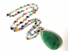 Load image into Gallery viewer, Jalapeño Pendant Necklace in Rainbow glass beaded chain, Long acrylic teardrop jewelry, ash white necklace, green jewelry pride colorful