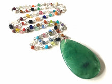 Load image into Gallery viewer, Jalapeño Pendant Necklace in Rainbow glass beaded chain, Long acrylic teardrop jewelry, ash white necklace, green jewelry pride colorful