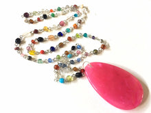 Load image into Gallery viewer, Pink Pendant Necklace in Rainbow glass beaded chain, Long acrylic teardrop jewelry, ash white necklace, hot pink jewelry pride colorful