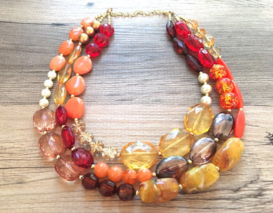 Fall Statement Necklace, Maroon Orange Mustard Gold Necklace, Triple Strand Statement Necklace, fall colors vintage chunky necklace