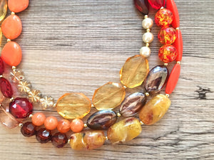 Fall Statement Necklace, Maroon Orange Mustard Gold Necklace, Triple Strand Statement Necklace, fall colors vintage chunky necklace