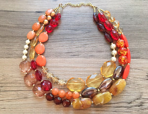 Fall Statement Necklace, Maroon Orange Mustard Gold Necklace, Triple Strand Statement Necklace, fall colors vintage chunky necklace