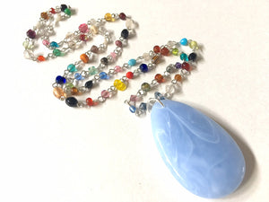 Sky Blue Pendant Necklace in Rainbow glass beaded chain, Long acrylic teardrop jewelry, ash white necklace light blue jewelry pride colorful