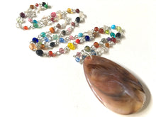 Load image into Gallery viewer, Smoke Screen Pendant Necklace in Rainbow glass beaded chain, Long acrylic teardrop jewelry, brown purple necklace jewelry pride colorful