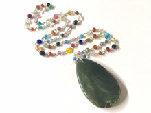 Load image into Gallery viewer, Olive Pendant Necklace in Rainbow glass beaded chain, Long acrylic teardrop jewelry, ash white necklace, green jewelry pride colorful