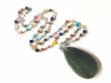 Load image into Gallery viewer, Olive Pendant Necklace in Rainbow glass beaded chain, Long acrylic teardrop jewelry, ash white necklace, green jewelry pride colorful