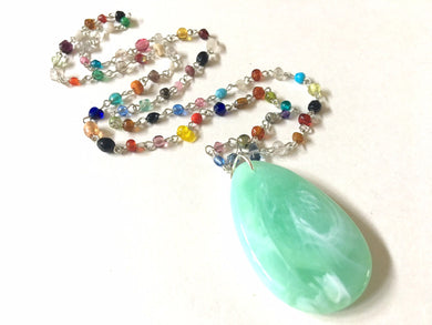 Winter Mint Pendant Necklace in Rainbow glass beaded chain, Long acrylic teardrop jewelry, white necklace, green jewelry pride colorful