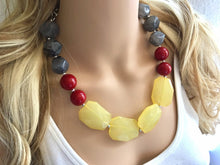 Load image into Gallery viewer, Statement Necklace, Gray Skies Maroon Yellow, Single Strand Statement Necklace, fall colors, yellow necklace, gray necklace burgundy