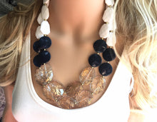 Load image into Gallery viewer, Nautical Chunky Statement Necklace, Big beaded jewelry, Double Strand Statement Necklace, navy blue an white, gold navy necklace, white gold