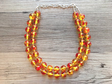 Load image into Gallery viewer, Firey Marigold Chunky Statement Necklace, Big beaded jewelry, red orange Statement Necklace, Bib necklace, yellow bridesmaid wedding