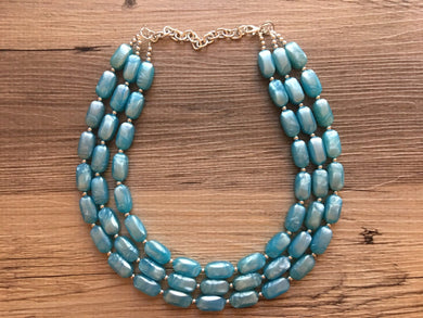 Glacier blue triple strand chunky jewelry, beaded blue jewelry, dark blue thick necklace, teal turquoise necklace, blue bib necklace