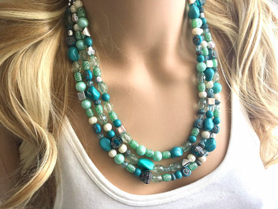 Turquoise & Winter Mint triple strand statement necklace, green beaded chunky jewelry set silver lime green