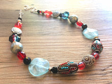 Load image into Gallery viewer, Robin&#39;s Egg blue single strand chunky jewelry, red and blue jewelry, handmade beaded statement necklace, silver black gray necklace