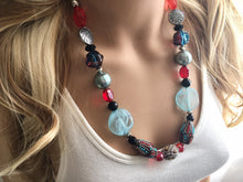 Load image into Gallery viewer, Robin&#39;s Egg blue single strand chunky jewelry, red and blue jewelry, handmade beaded statement necklace, silver black gray necklace