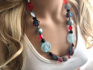 Robin's Egg blue single strand chunky jewelry, red and blue jewelry, handmade beaded statement necklace, silver black gray necklace