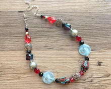 Load image into Gallery viewer, Robin&#39;s Egg blue single strand chunky jewelry, red and blue jewelry, handmade beaded statement necklace, silver black gray necklace