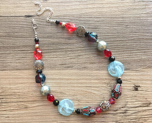 Robin's Egg blue single strand chunky jewelry, red and blue jewelry, handmade beaded statement necklace, silver black gray necklace