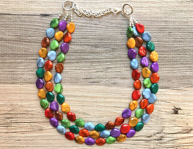 Triple Rainbow Beaded Necklace, Colorful Jewelry, Chunky statement necklace, big beaded necklace, rainbow jewelry, rainbow fall confetti