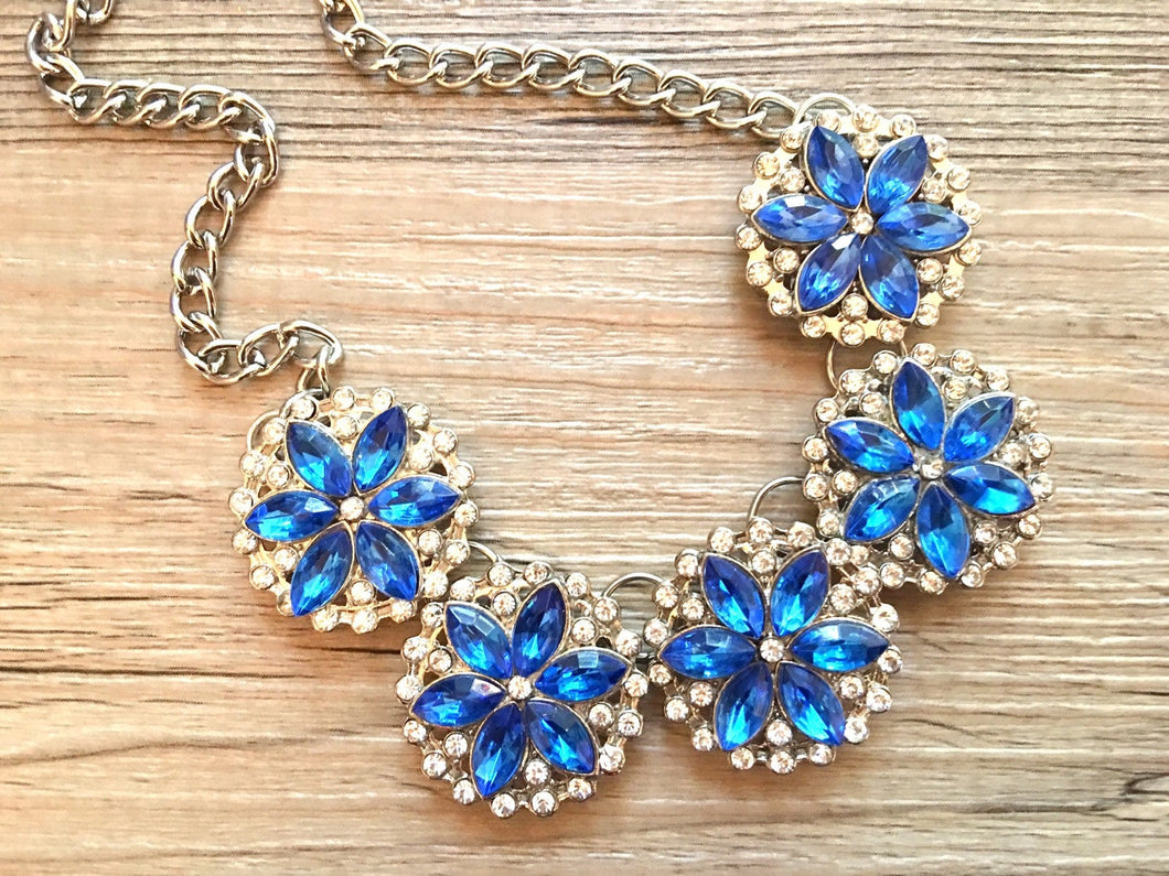 Royal Blue Crystal Rhinestone Pendant Necklace on Silver Chain